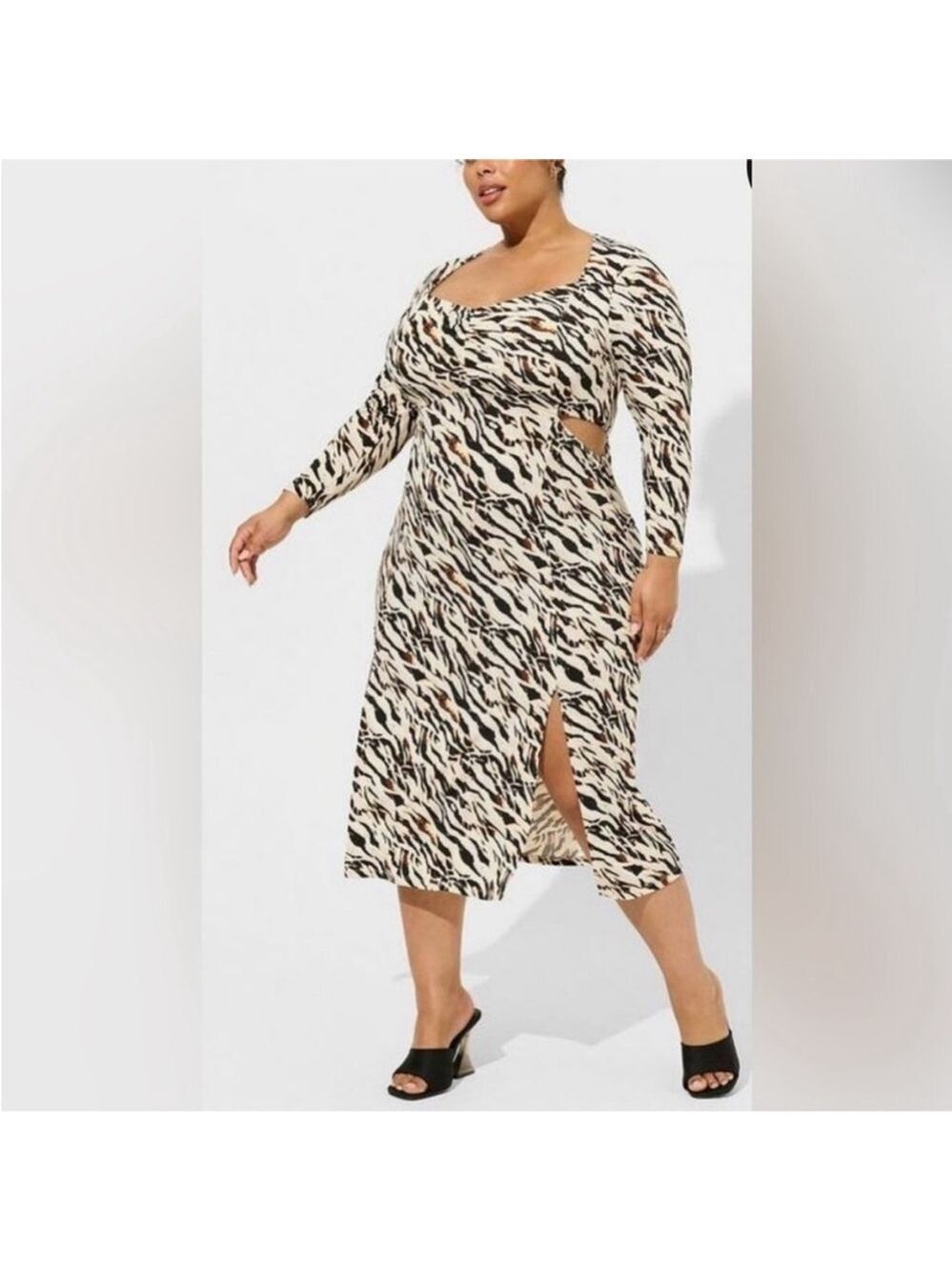 Torrid Black and cream animal print Midi dress cut outs front slit large NEW